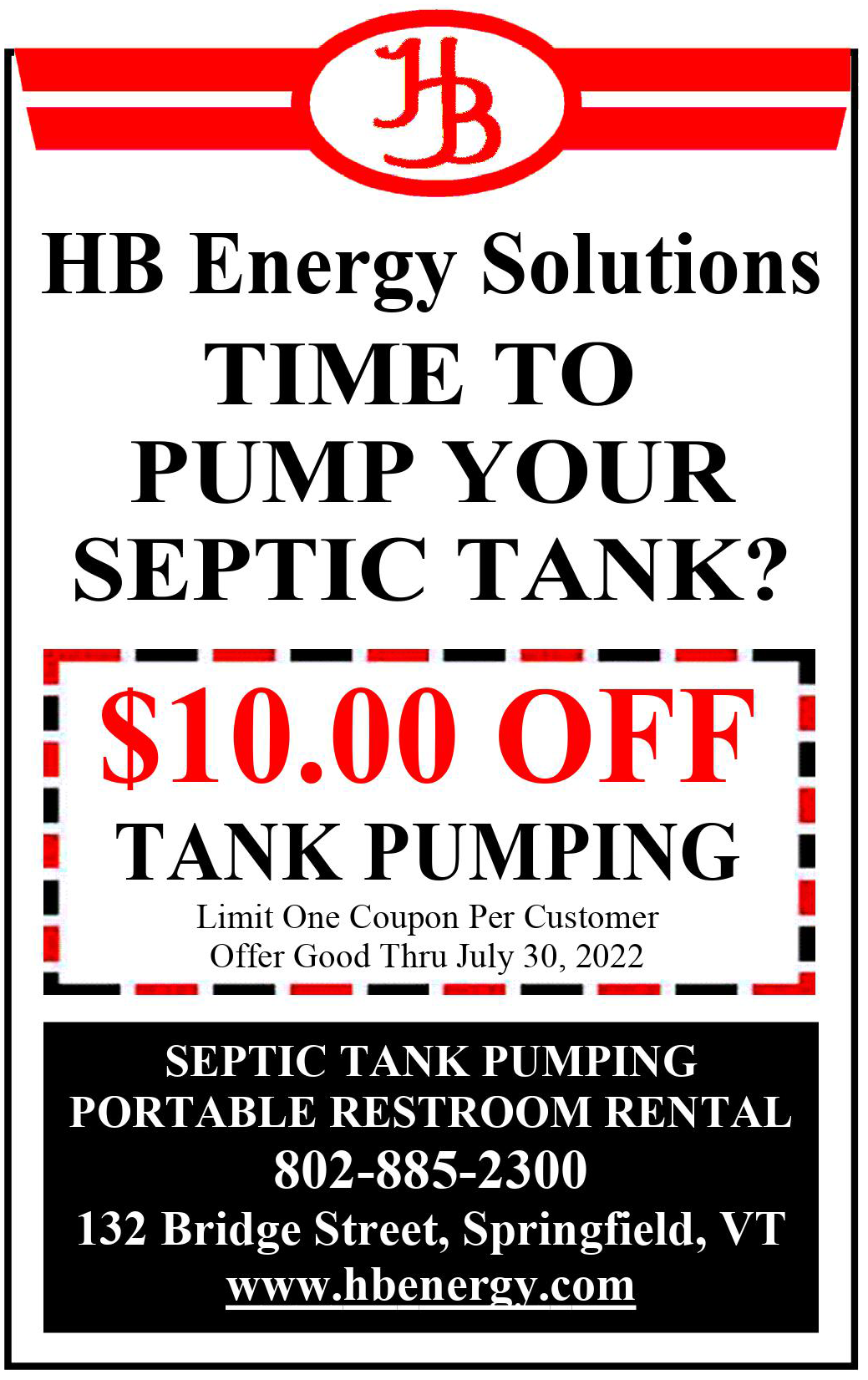 Septic pumping coupon image - $10.00 off septic tank pumping until July 30th