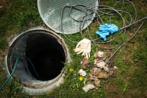 Septic tank cover opened. Technician about to do maintenance.