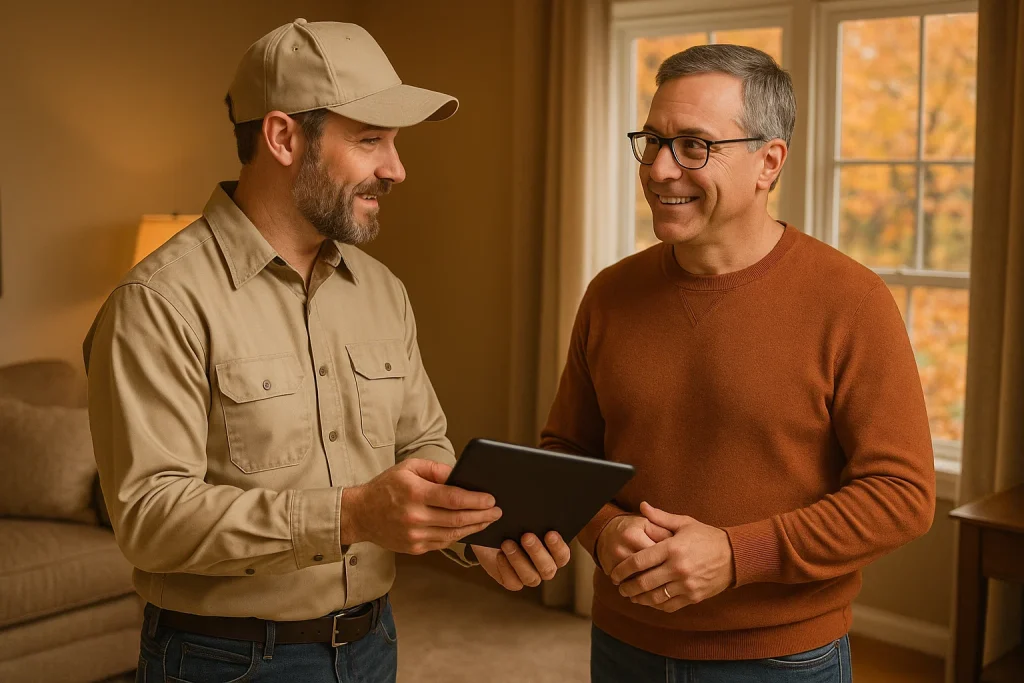 Homeowner reviewing fall furnace checklist with HVAC technician in living room