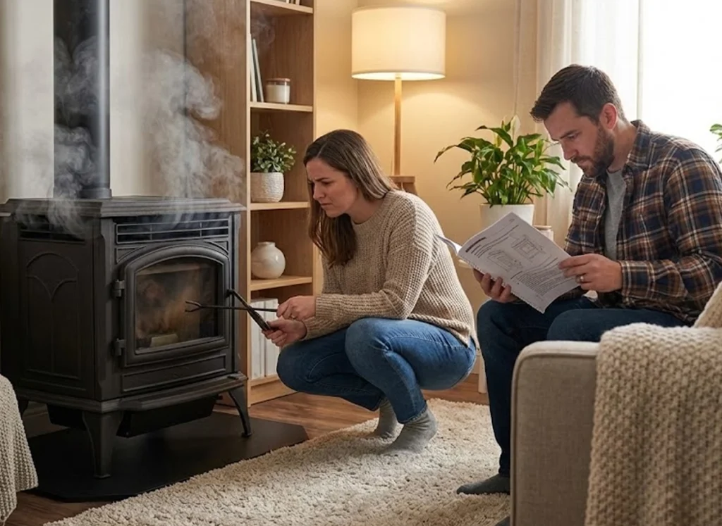 Homeowner inspecting a pellet stove that is smoking, checking the burn pot and vent area in a living room.