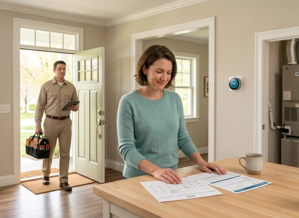 Homeowner scheduling spring HVAC maintenance before summer