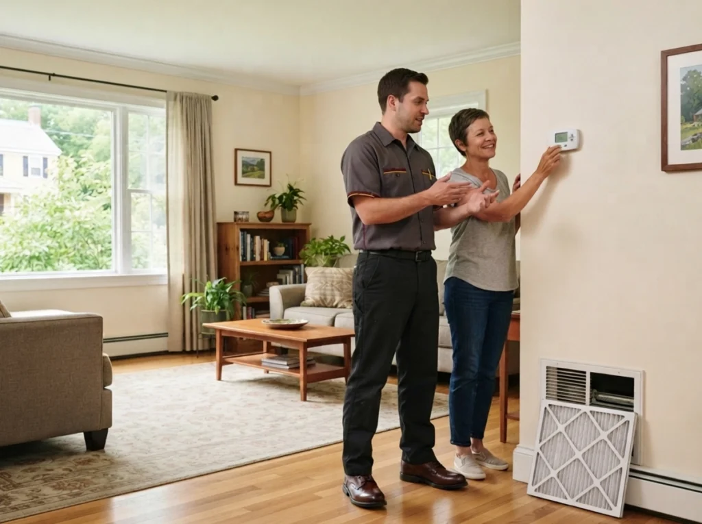 Southern Vermont homeowner reviewing summer energy savings with technician