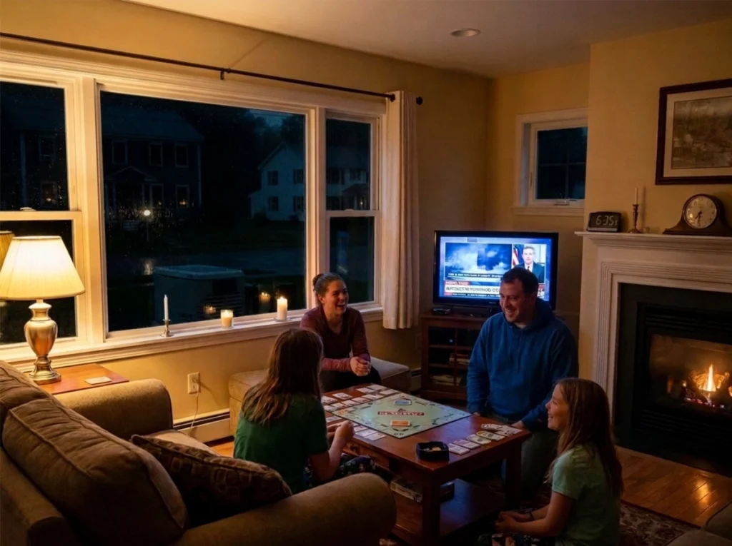 A family enjoying full power during a power outage because they have a whole home generator.