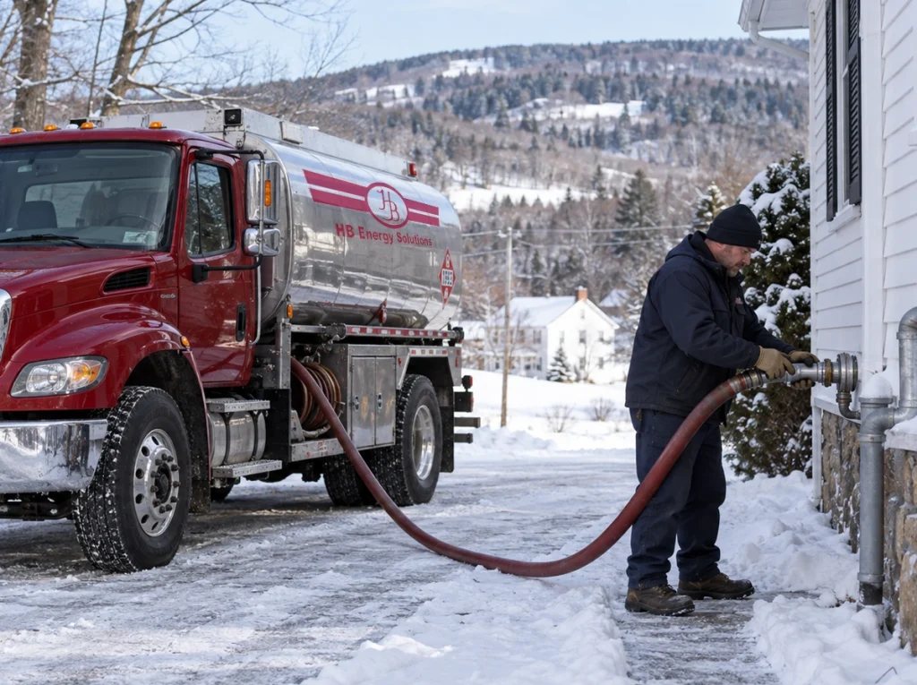Heating oil technician delivering fuel to Springfield Vermont home
